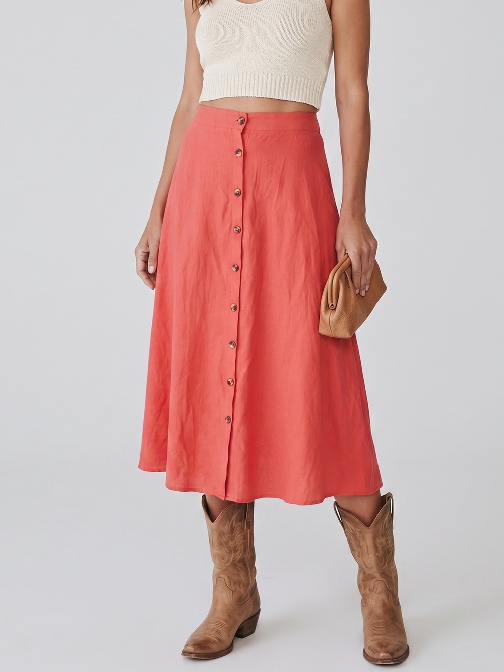 SHEIN Coral 100% Cotton Button-Front Midi Skirt